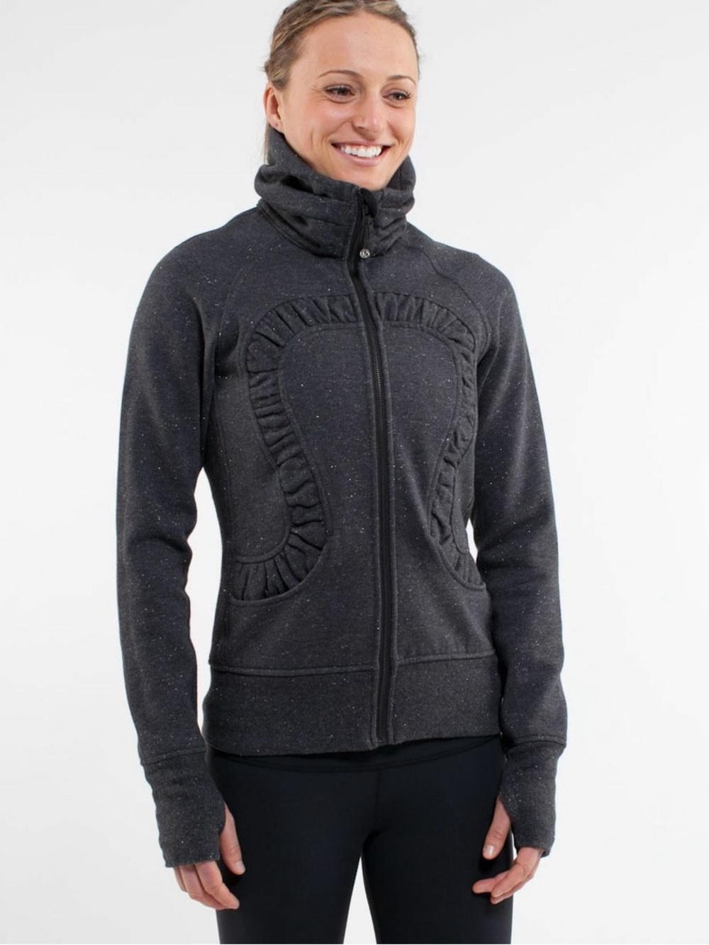 Lululemon Heathered Speckled Gray Ruffle Logo Zip Up Jacket High Neck Size 4